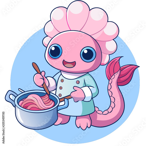 axolotl chef cooking ramen in miniature kitchen, generate ai