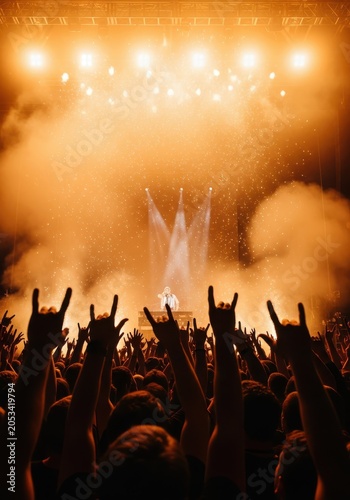Enthusiastic Crowd Raising Hands in Rock Sign at a Live Music Concert with Bright Orange Stage Lights and Smoke