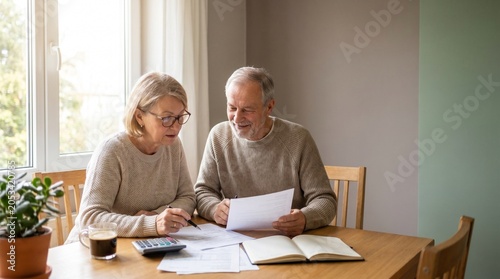 Elderly couple planning finances at home, reviewing documents and bills with calculator and coffee