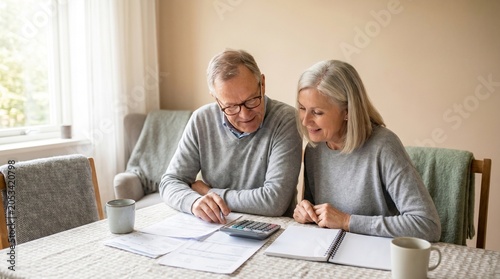 Elderly Couple Reviewing Documents and Using Calculator at Home Table - Financial Planning Concept