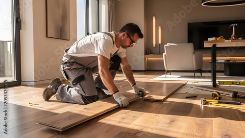 Professional worker installing new wood flooring in a modern living room during home renovation project