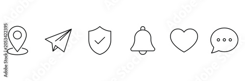 Bild auf Leinwand Mobile application symbol line icon set with location map pin paper plane shield security notification bell heart like chat bubble comment