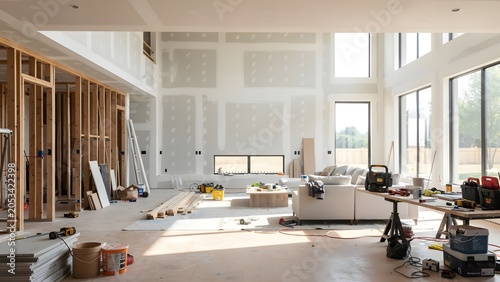 Modern living room under renovation with wood framing and drywall installation in a spacious residential building