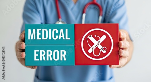 Healthcare professional holding blocks with medical error and cross symbol during clinic visit for patient safety concept