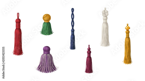 Foto Set of colorful decorative tassels for interior design and home accessories in v