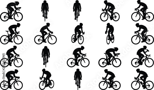 Road bicycle racing cyclist black silhouette vector collection featuring professional athletes riding bikes sprinting and triathlete training poses for sports design graphics