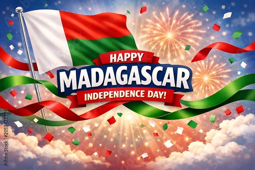 Madagascar independence day celebration with flag and fireworks