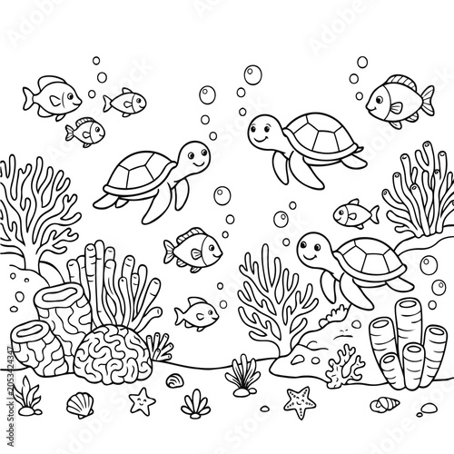  underwater coral reef scene line art for colouring page