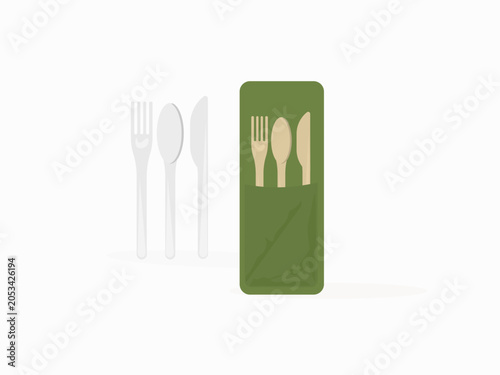 Disposable plastic cutlery vs reusable bamboo cutlery set, sustainable alternative concept