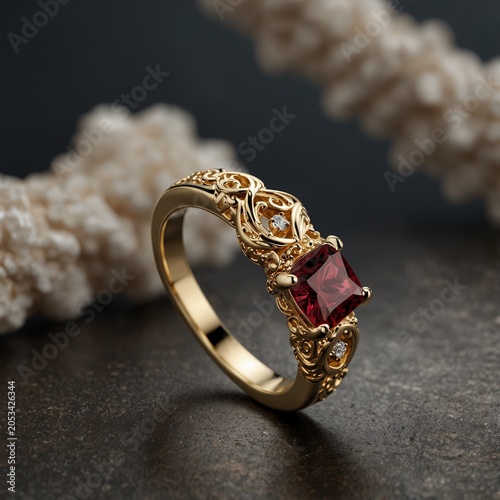 Realistic photo of princess cut spinel gemstone on gold ring ornate setting realistic product render