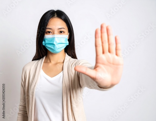 Portrait of a woman with black hair, wearing a face mask, gesturing with her open palm. Neutral backdrop