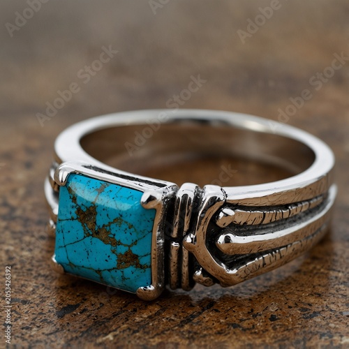 Realistic photo of princess cut turquoise gemstone on silver ring southwestern design realistic art