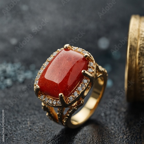 Realistic photo of princess cut coral gemstone on gold ring ocean inspired design luxury art