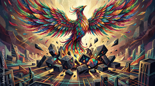 Majestic Colorful Phoenix Rising from the Ashes of a Destroyed Futuristic City Ruins, Symbolic Digital Art of Rebirth and Hope