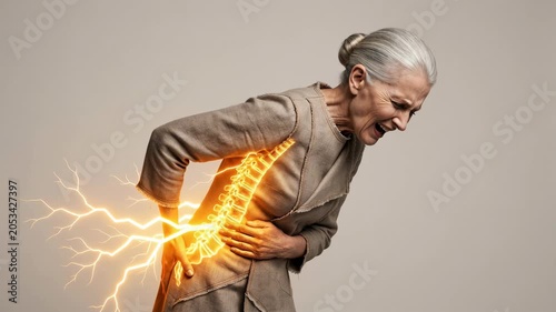 Elderly woman feeling back pain with glowing spine visualization. Senior female suffering from severe ache in spine. Medical concept for chronic spinal condition.