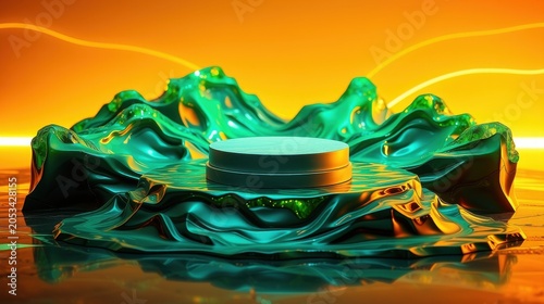 Abstract pedestal, vibrant teal waves, warm orange backdrop. Dramatic lighting creates glossy reflections, modern presentation space.