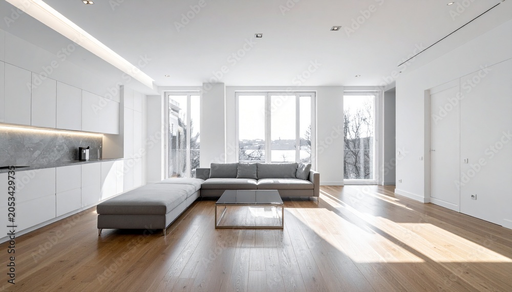 Fototapeta premium Modern minimalist kitchen with white cabinetry and island.