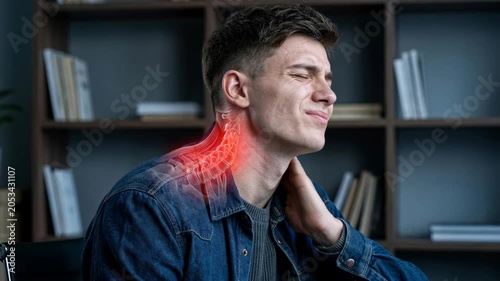Man experiencing severe neck pain while working in office. Young guy suffering from cervical spine injury and inflammation. Medical concept of healthcare problem.