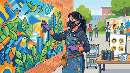 Female muralist painting vibrant street art with protective gear outdoors