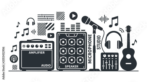 Schilderij op canvas Black and white musical audio equipment and amplifier silhouettes