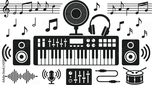 Schilderij op canvas Black and white musical instrument and audio equipment icons.