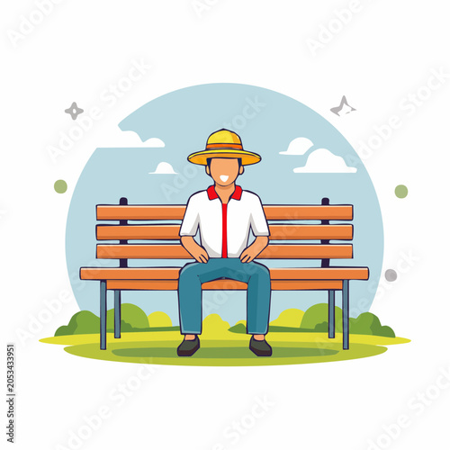 Man in Straw Hat Sitting on Park Bench