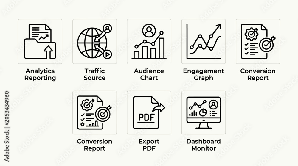 Fototapeta premium Social media analytics icons reporting traffic source audience chart engagement graph conversion report export.