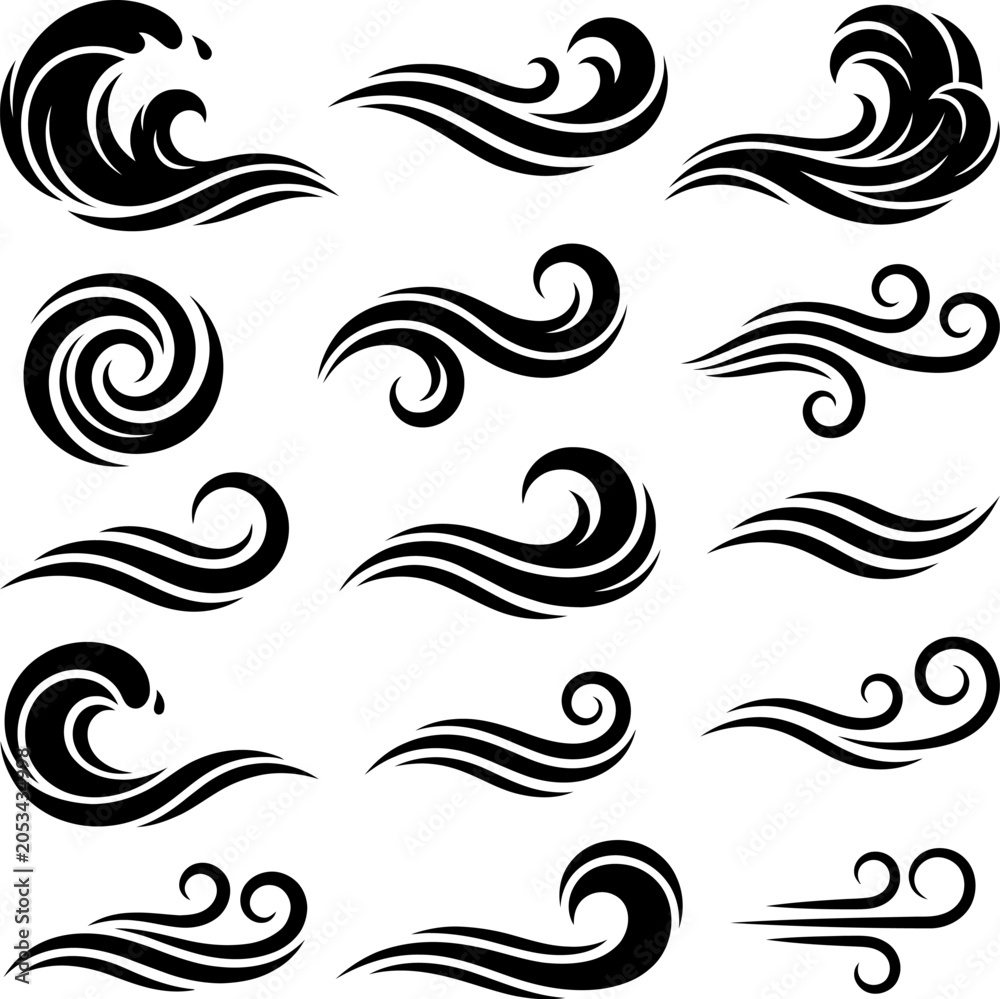 Fototapeta premium Abstract water wave and wind swirl graphic elements set