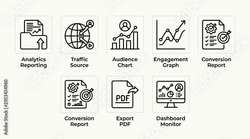 Social media analytics icons reporting traffic source audience chart engagement graph conversion report export.