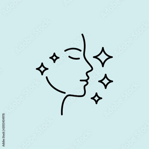 A beautiful line icon featuring a clean face profile accented with sparkles and stars, indicating skin brightening, radiance, and instant glow.