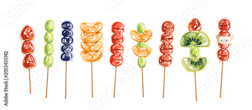 Tanghulu set, sugar-coated fruit candies on sticks. Asian Korean street food ...