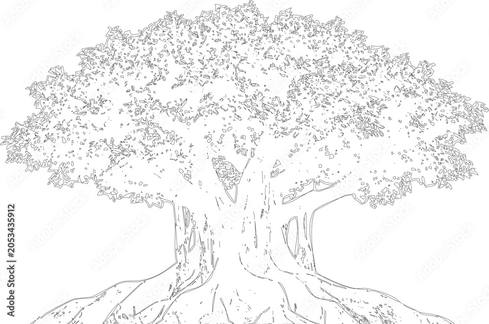Obraz premium Detailed outline of mature tree with expansive crown and gnarled roots, symmetrical branching, elegant natural form, graphic