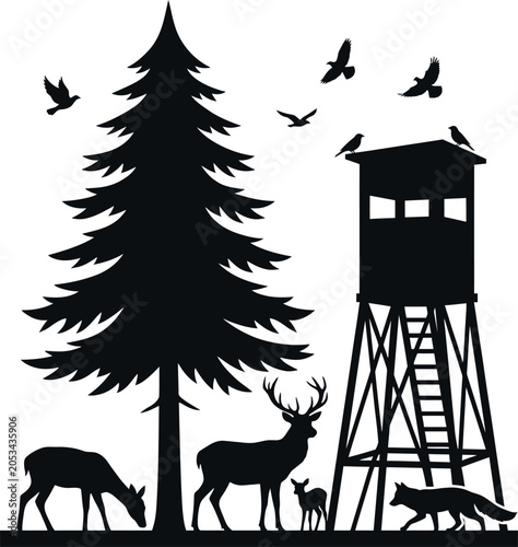Forest hunting silhouette scene with wildlife and tower