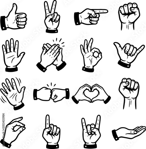 Set of hand gestures and finger signs sketch icons