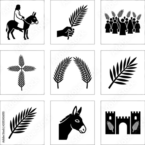 Christian palm sunday icons collection set with christian