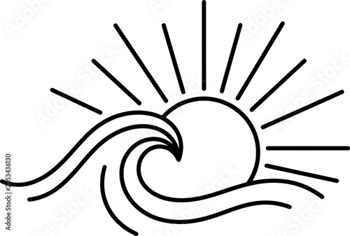 Minimalist sun and ocean wave line art with abstract
