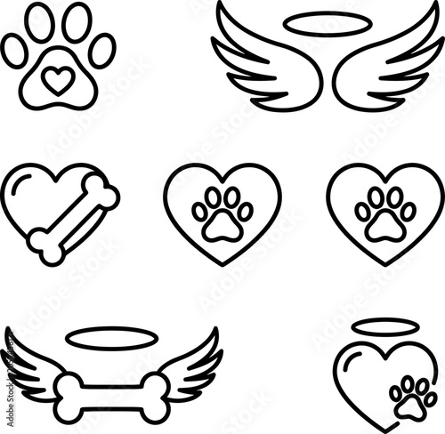 Pet memorial sympathy icons set with memorial, sympathy