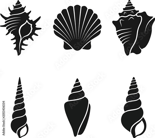 Variety of seashell silhouettes and marine life shapes