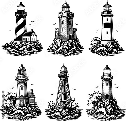 Collection of lighthouse icons on rocky ocean waves
