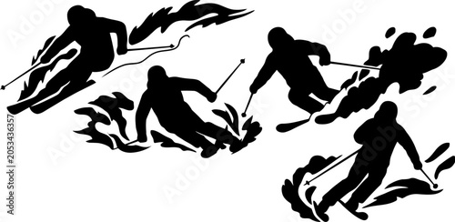 Set of alpine skiing silhouettes in action with silhouette
