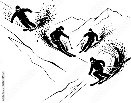 Group of skiers navigating down steep snowy mountains