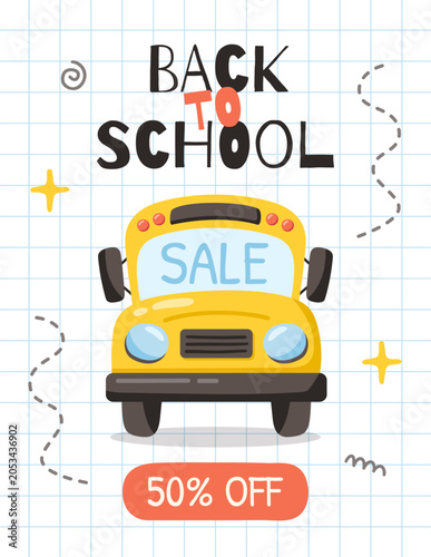 Back to school sale poster with school bus. Vector illustration 