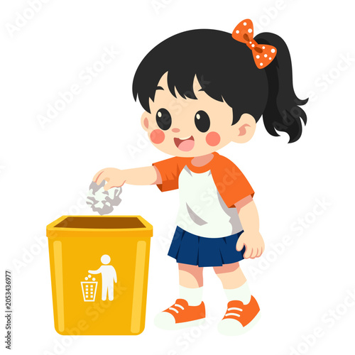 School Girl Throwing General Waste Into Trash Bin Illustration