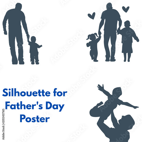 Set of father and children silhouettes for fathers day poster isolated on transparent background