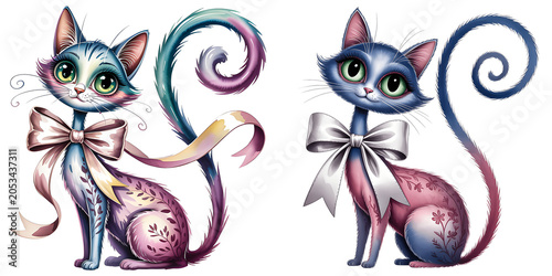 Adorable Big-Eyed Blue Cat with Swirly Tail and Silver Bow, Cartoon Pet Portrait