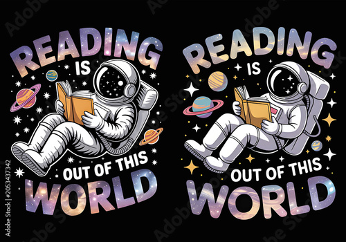 Astronaut reading book t-shirt vector design Reading is out of this world space theme on black