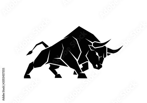 Black geometric bull silhouette in charging pose