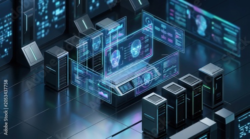 Abstract digital interface with data visualization and server racks