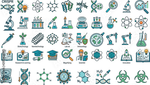 Science and education icons set with crispr technology isolated on transparent background
