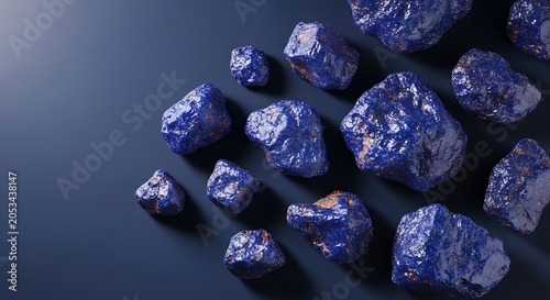 Raw blue goldstone crystals with sparkling golden metallic inclusions scattered on a smooth dark blue background, offering a mystical celestial look.
